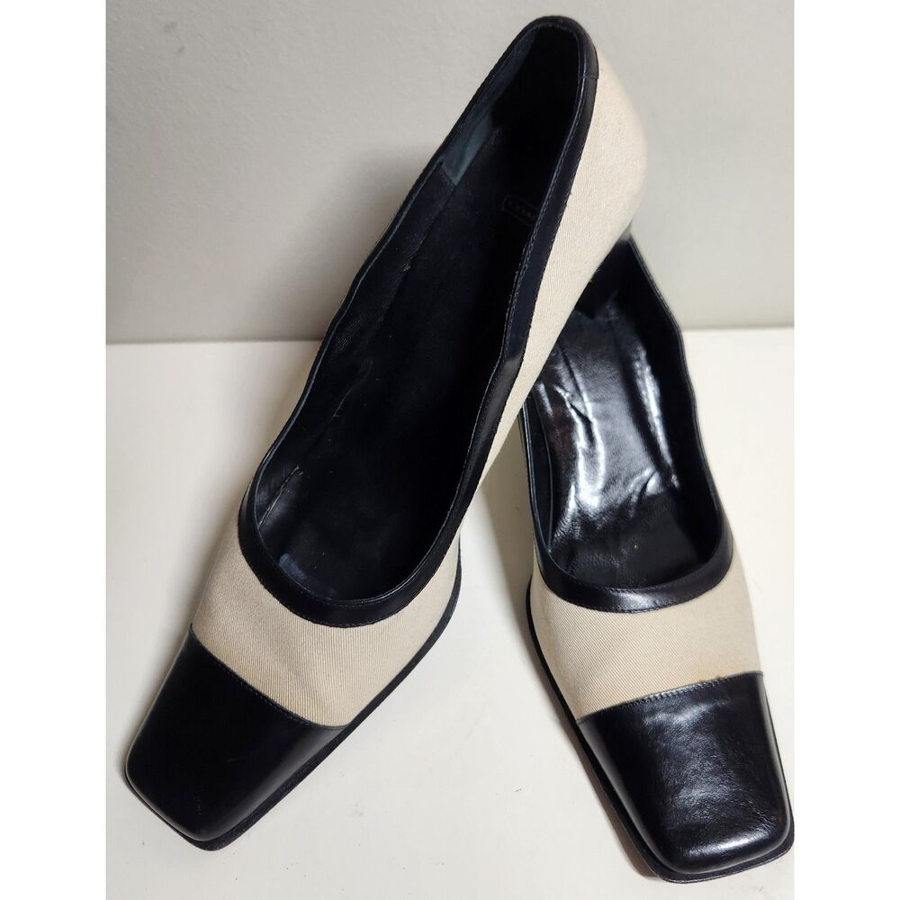 Coach Melora Twill/Calf Leather Stone/Black Heeled Pump, Women's Size 11